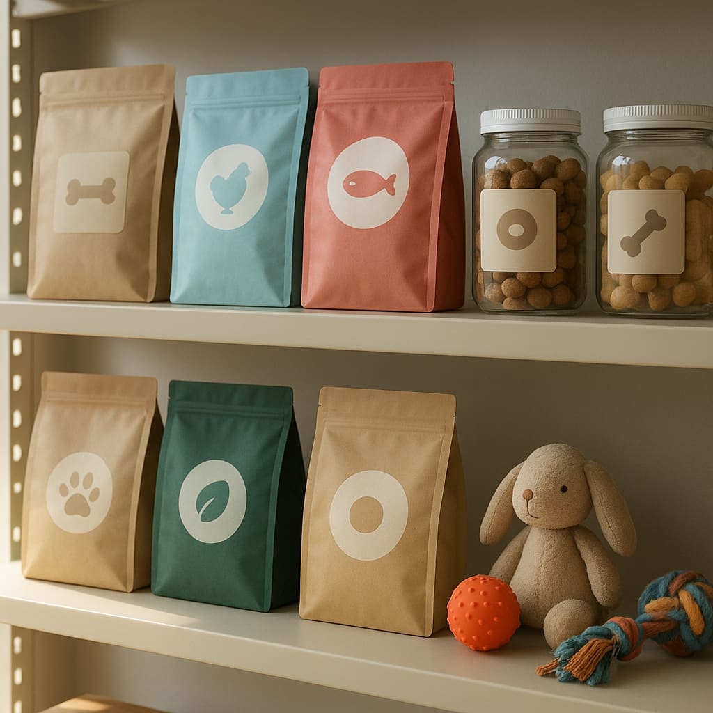 Helles Tierbedarf-Regal mit Futter und Spielzeug