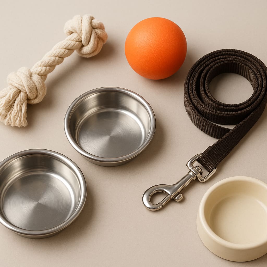 Sortierte Haustier-Spielzeuge und Zubehör auf neutralem Hintergrund